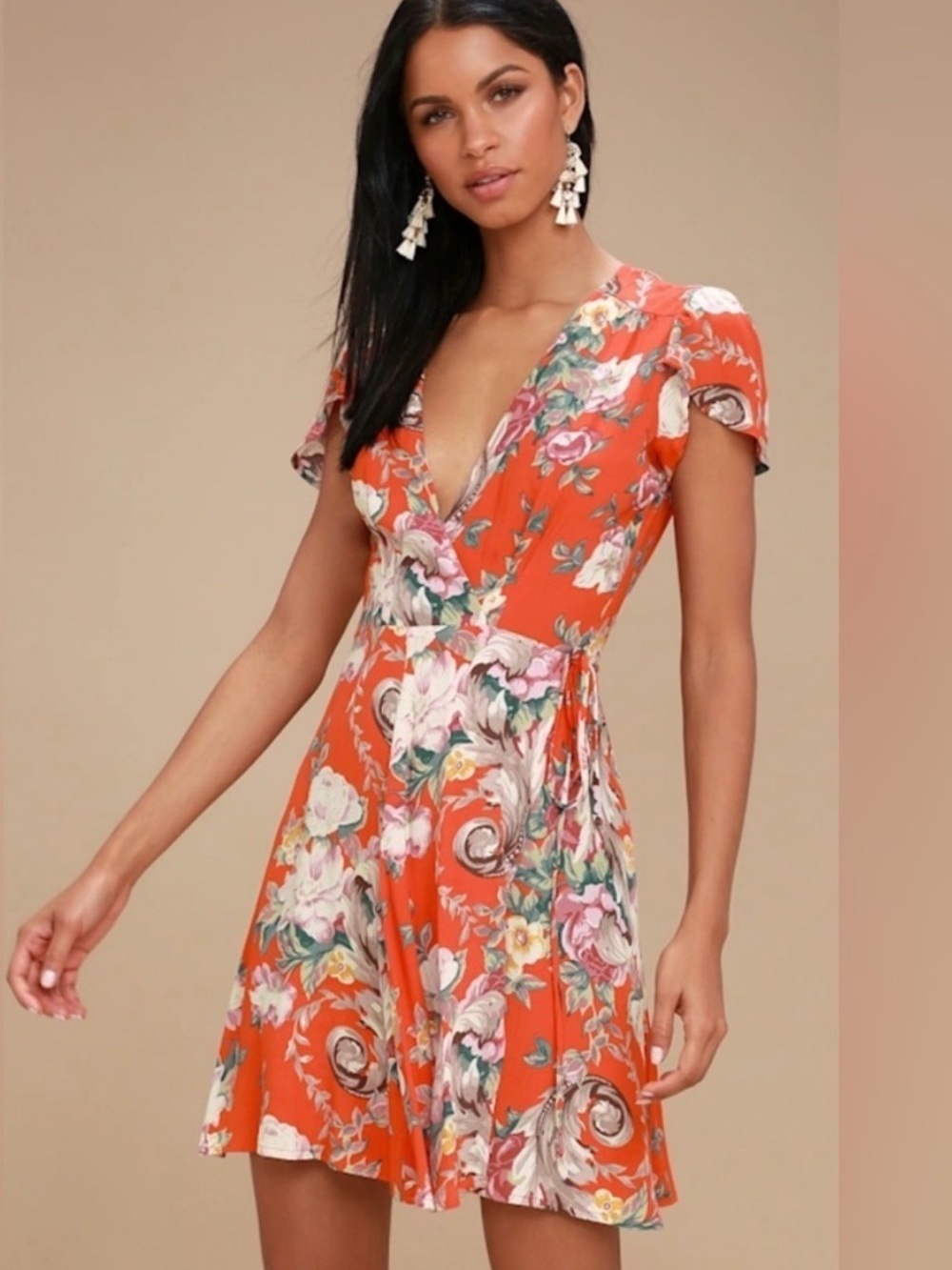 Rollas Dancer - Coral Red Dress - Wrap Floral Print Dress - Lulus NEW XS